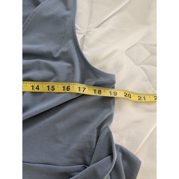 Express Top Womens L Textured Stretch Sleeveless Vneck Tucks Blue Peplum Sash - Picture 7 of 8